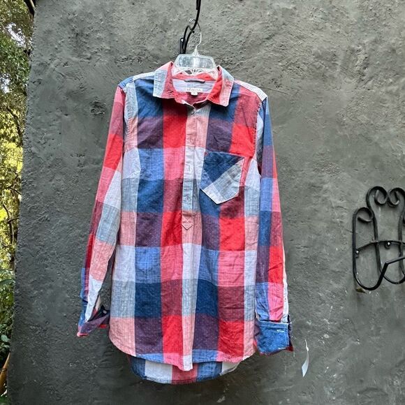 MERONA RED WHITE BLUE PLAID HALF BUTTON UP LONG SLEEVE SHIRT TUNIC TOP SIZE S - Picture 12 of 12